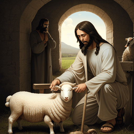 AI generated: Jesus taking care of a sheep with father