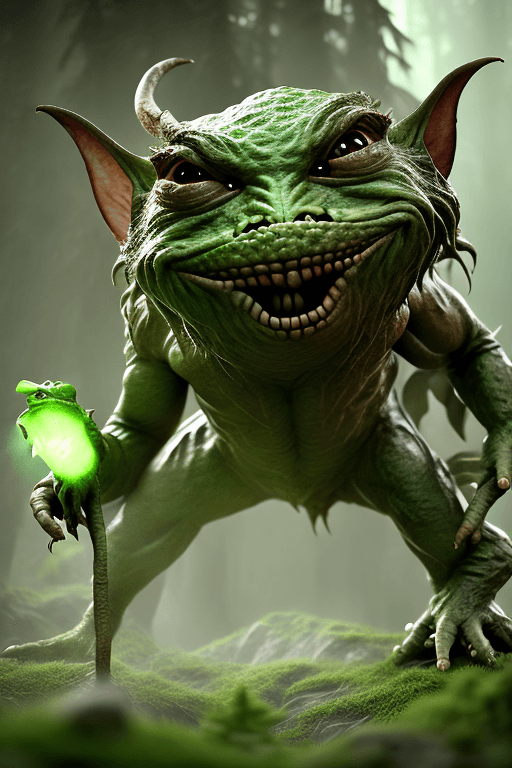 AI generated: lord of the bogtrolls, fights a gremlin, natural habitat, secret, sneaky, devious, masters, 8k, nani...