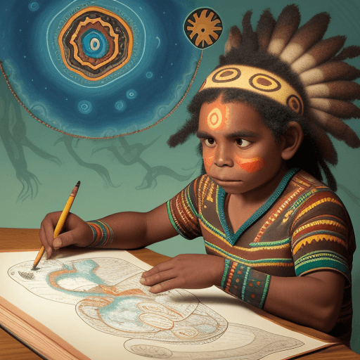 AI generated: photo of an aboriginal person using the Aboriginal songlines to navigate drawn in a fantastical chil...