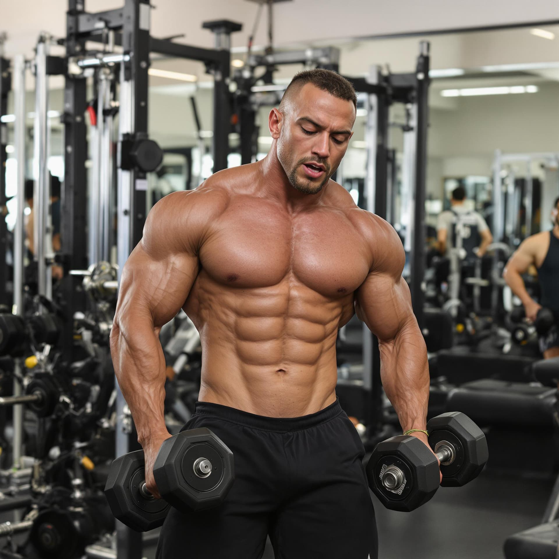 AI generated: a bodybuilder in black shorts lifting dumbbells