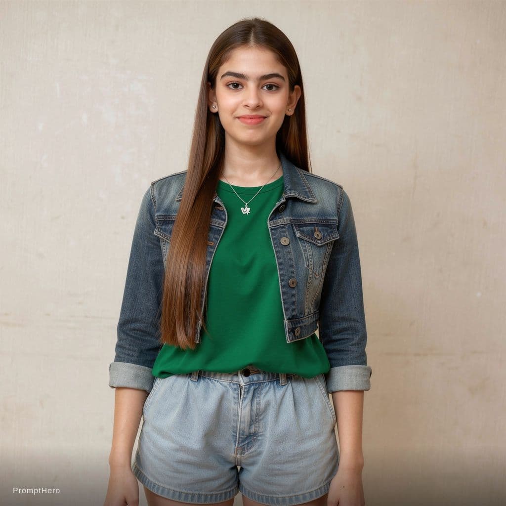 AI generated: indian girl, age: petite 19, wears a Green sleeveless cleavage top, which sits very loose, Denim hig...