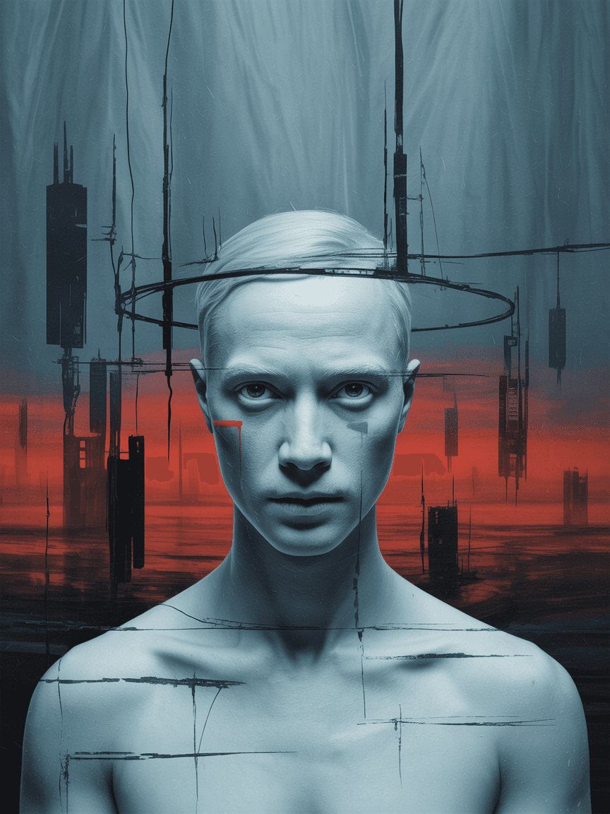 AI generated: random Sci-fi, dystopian images, minimal, (haunting, moody, bleak), (Hannah Höch),  (Mikalojus Konst...