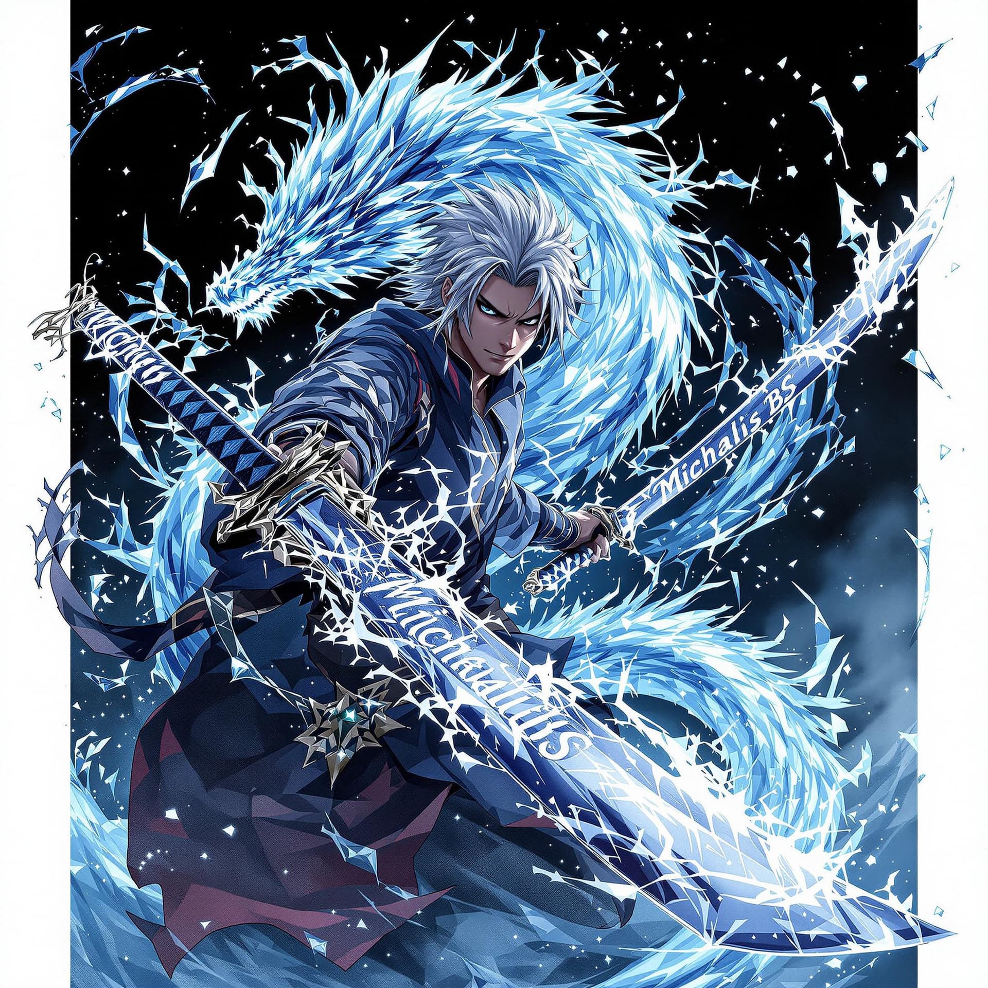 AI generated: ice dragon backround,gray hair,mighty mage with an old school katana, "MichalisBS" written one time ...