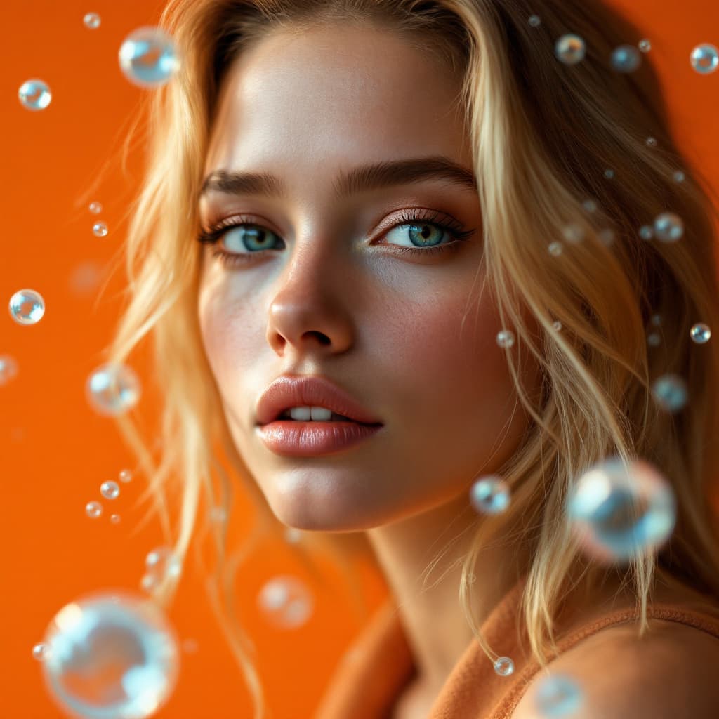 AI generated: photography, orange tone, blonde model with beautiful eyes, solid orange background, with small blui...
