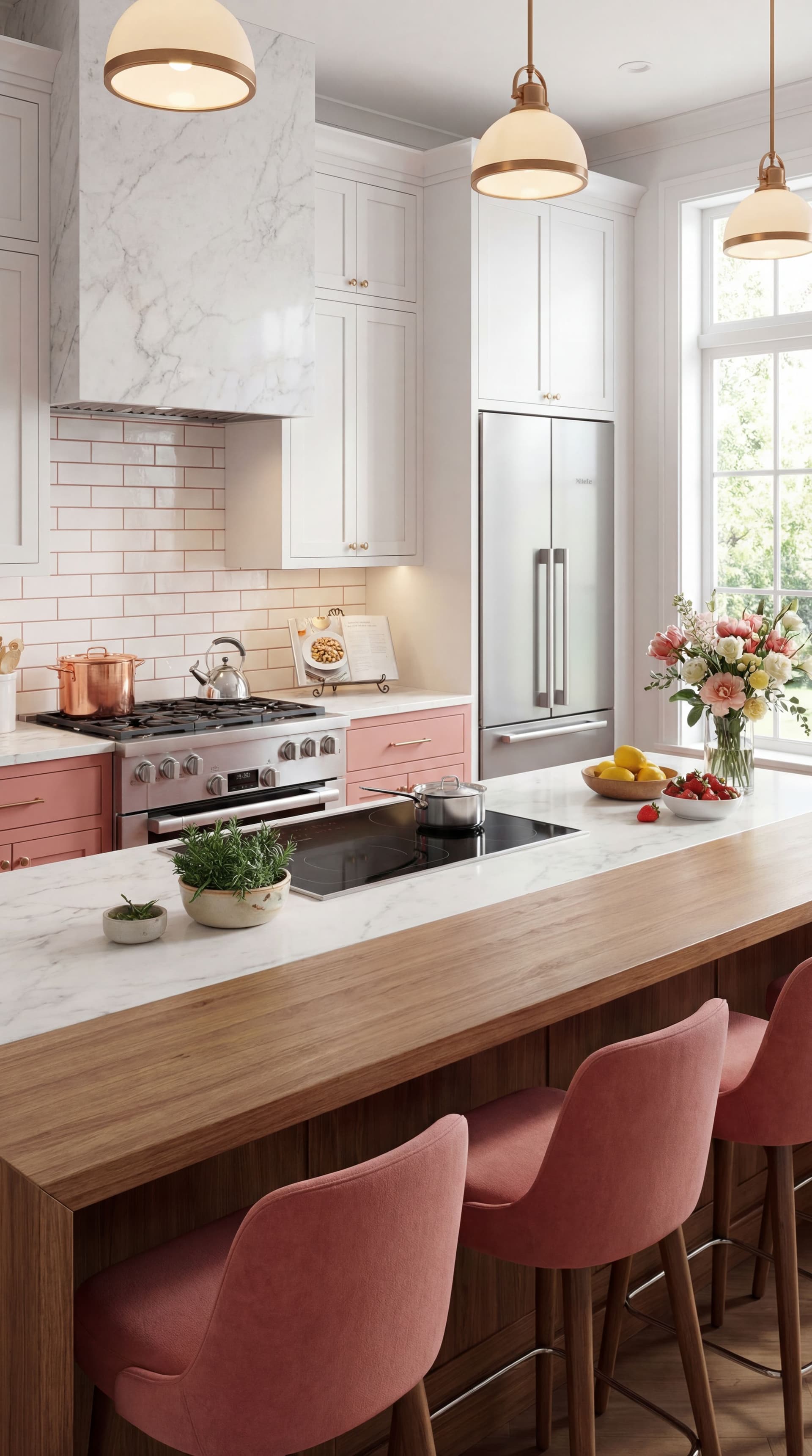 AI generated: Turn into lifestyle photo. Luxury White and Light pastel red. Kitchen cabinets and environment.  