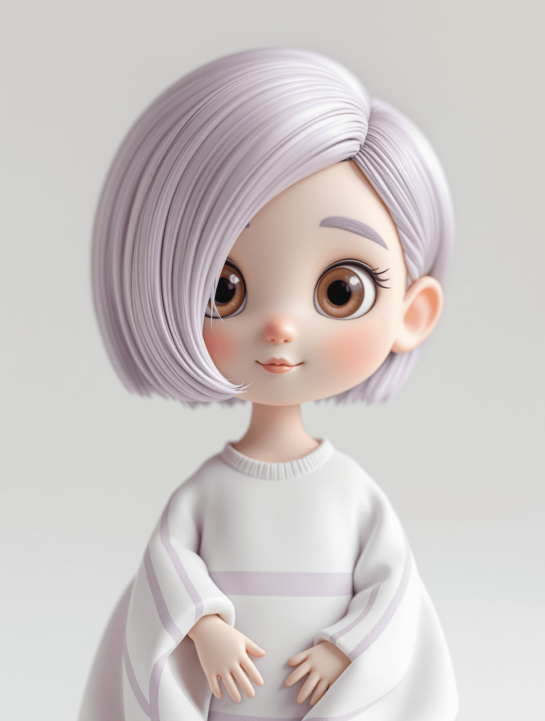 AI generated: Cute chibi cartoon girl, shy and sweet expressive look and expressive pose, with light lilac short s...
