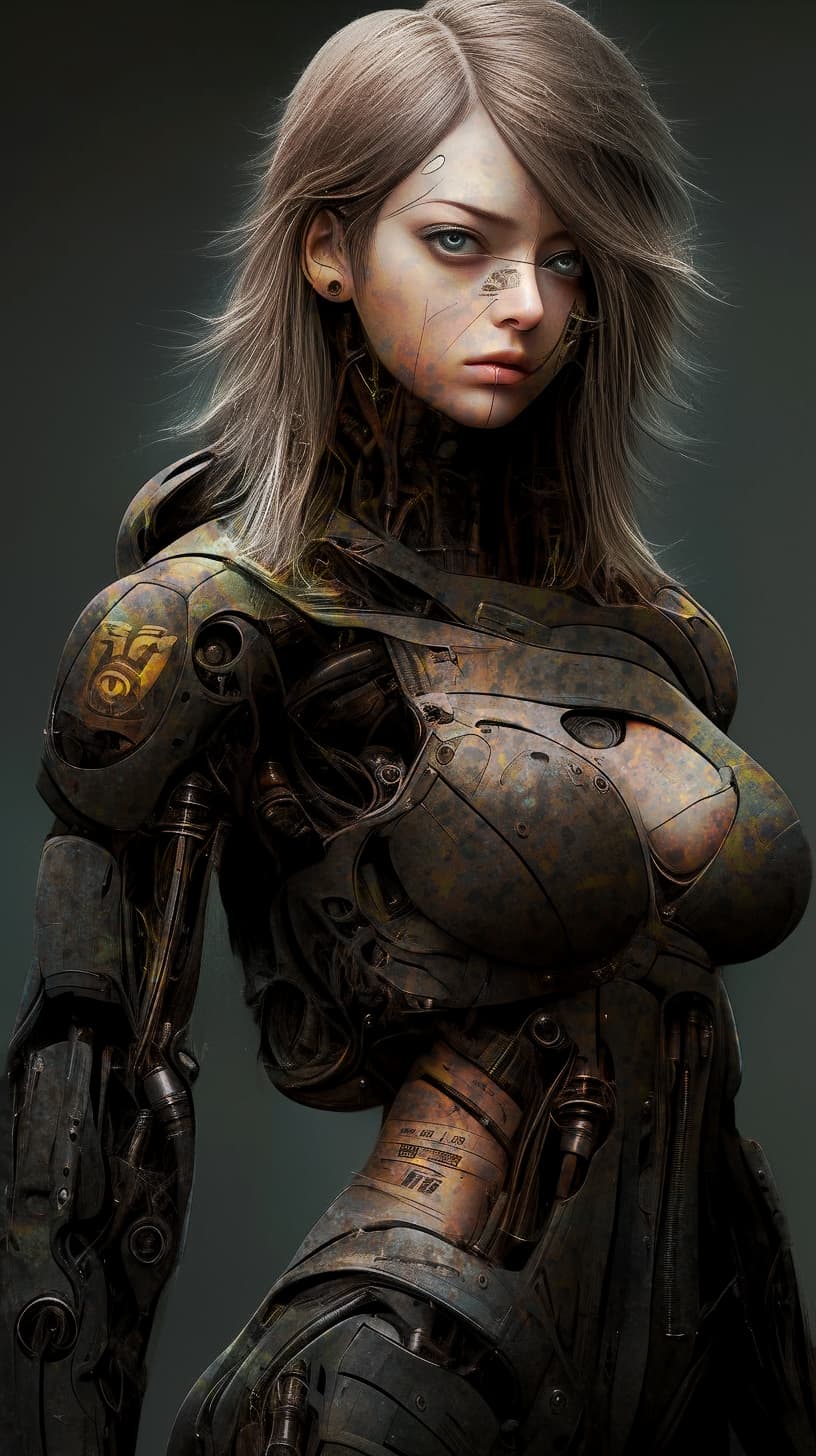 AI generated: A beautiful cyborg lady with dirty and damaged synthetic skin, rusty metal arms, cyberpunk, hyperrea...