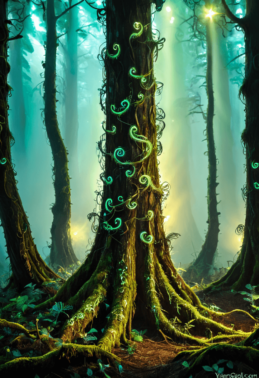 AI generated: Abstract style <lora:xl_more_art-full_v1:1>,<lora:DreamARTSDXL:1>,A surreal forest of towering biolu...