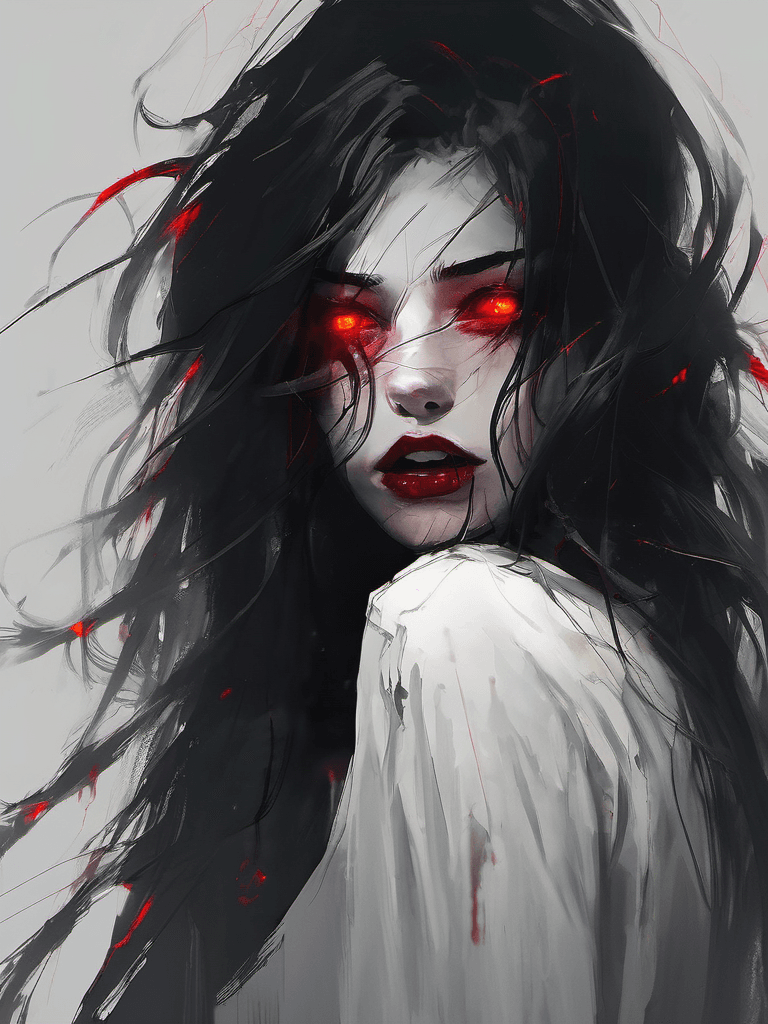 AI generated: in darkness, dark, demonic girl's face, glowing red eyes, long mess hair, brutal composition, scary ...