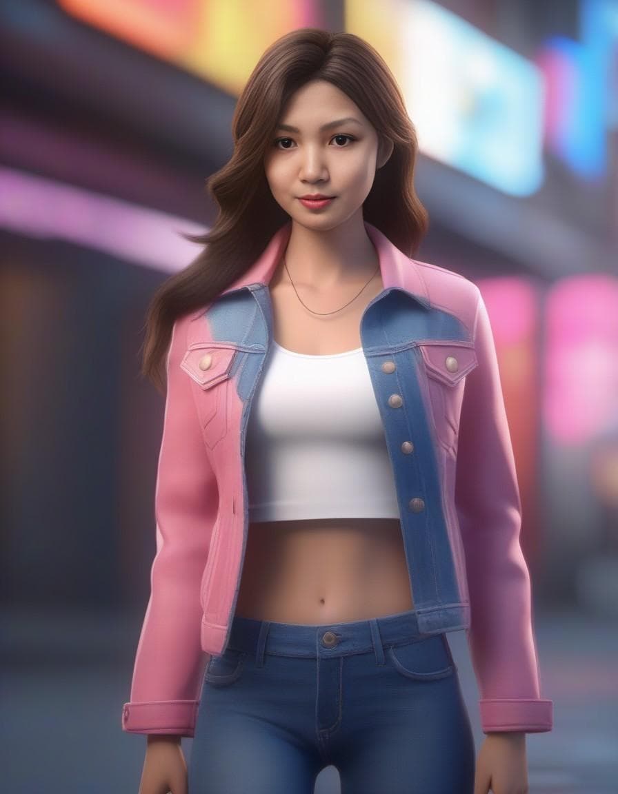 AI generated: Beautiful American lady with long blonde hair, pink denim jacket, blue jeans, anime 3d, 8k, unreal e...