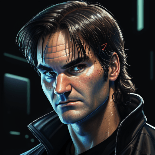 AI generated: portrait of Roger Federer in cyberpunk world, epic composition, 12K, hyperrealism, unforgettable, mi...