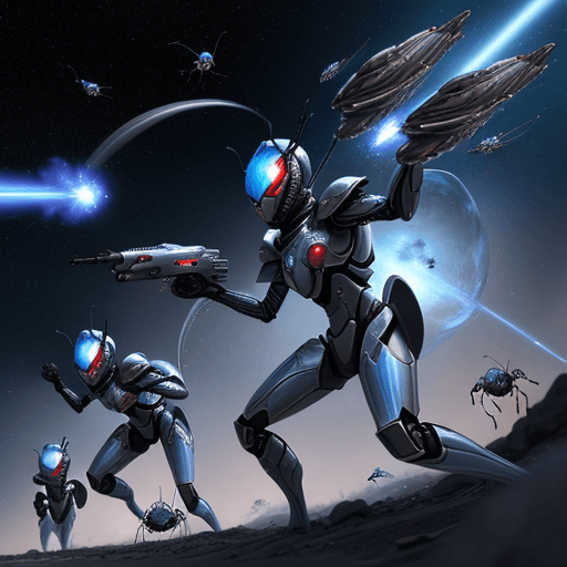 AI generated: 100 unit army, blue ant army group with silver armor invasion the planet, gun fire each other with r...