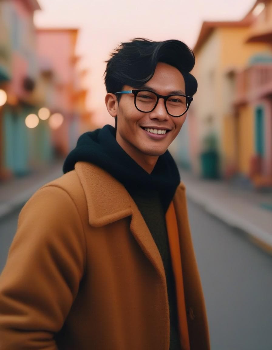 AI generated: photography of a young man with glasses in a running away looking at the camera, wes anderson color ...