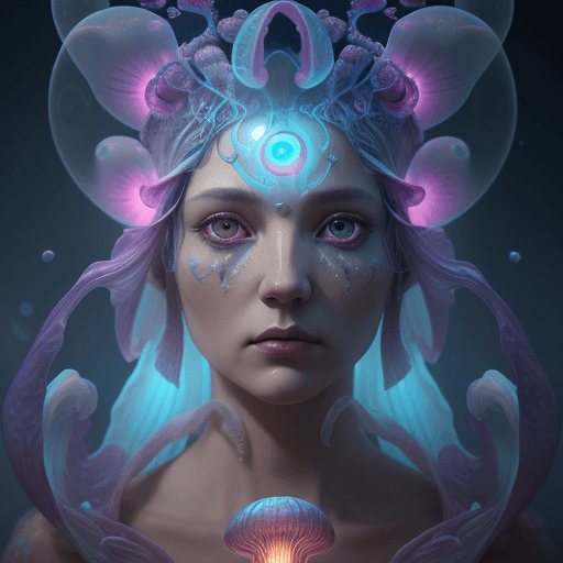 AI generated: Goddess close-up portrait ribcagel. jellyfish phoenix head, nautilus, orchid, skull, betta fish, bio...