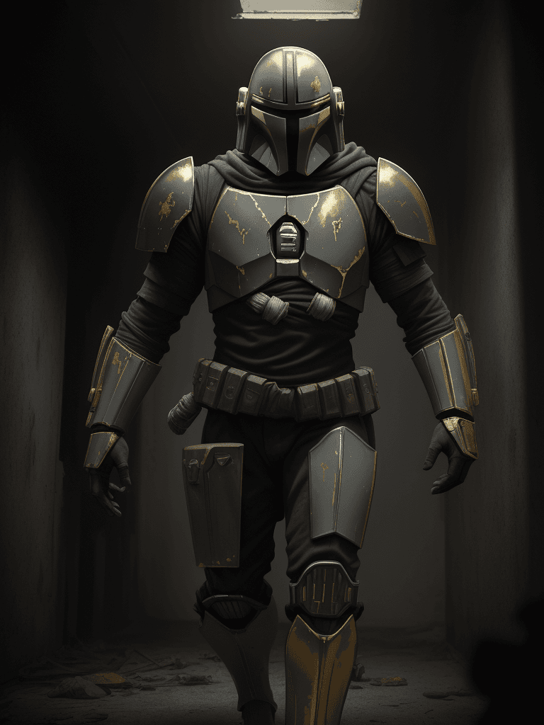 AI generated: A haunting scene of a mandalorian with a golden armor| golden armor(glowing eyes:1.2)| Staggering th...
