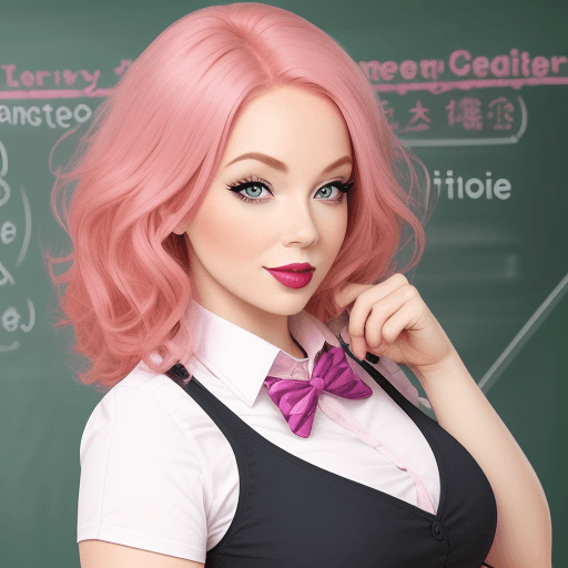 AI generated: Sexy teacher, pink hair, perfect eyes, light makeup, gorgeous detailed teacher lipstick school backg...