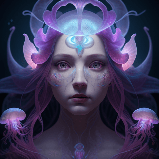 AI generated: Goddess close-up portrait ribcagel. jellyfish phoenix head, nautilus, orchid, skull, betta fish, bio...