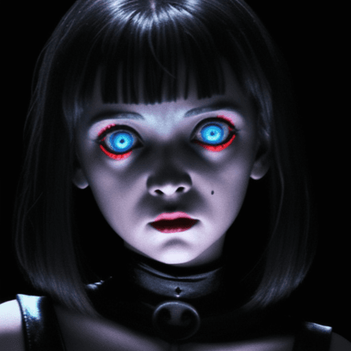 AI generated: village of the damned, girl with spooky glowing eyes closeup, 80s movie style
