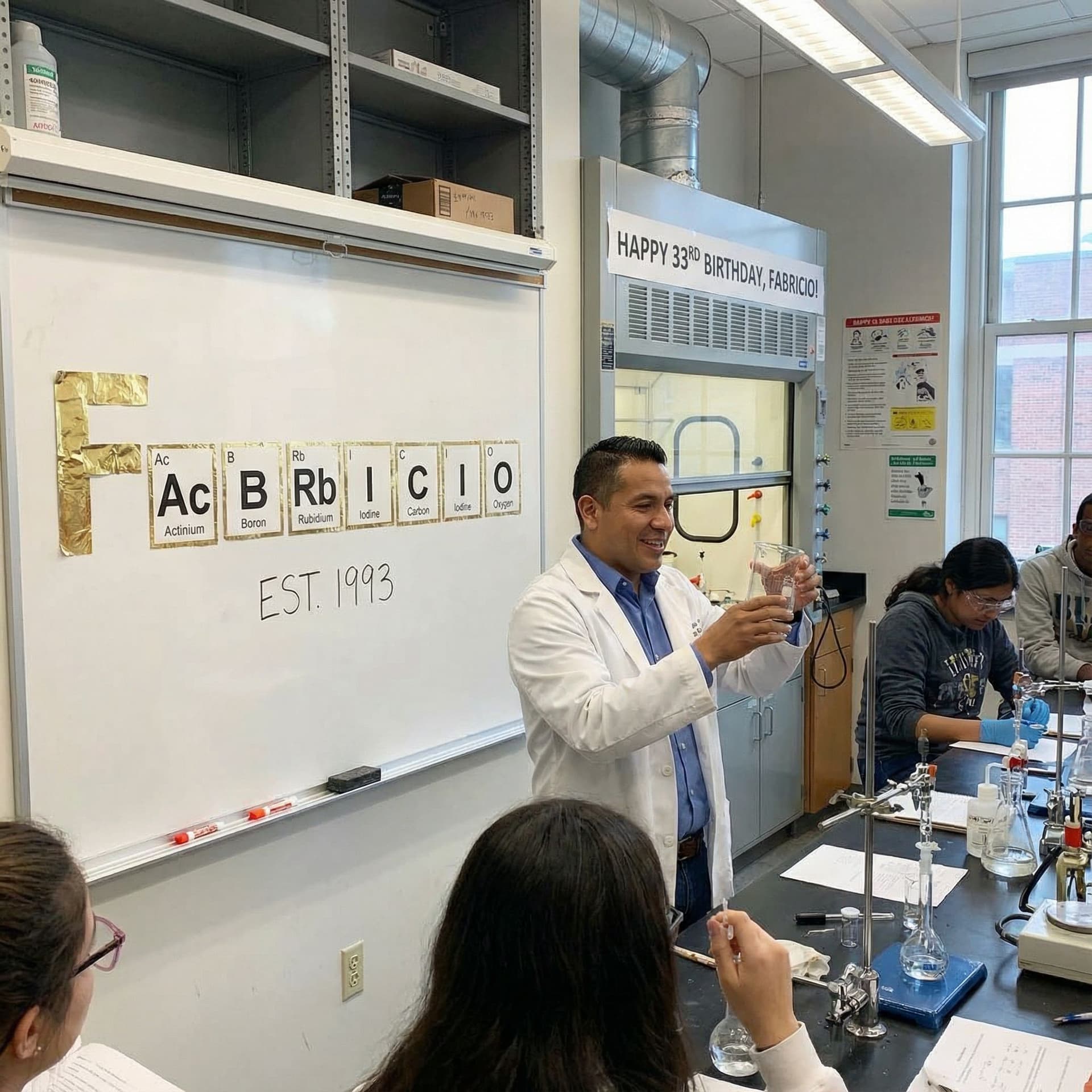AI generated: Create a chemistry lab, with a 33-year-old male teacher, Latino, with short, black hair, with the na...