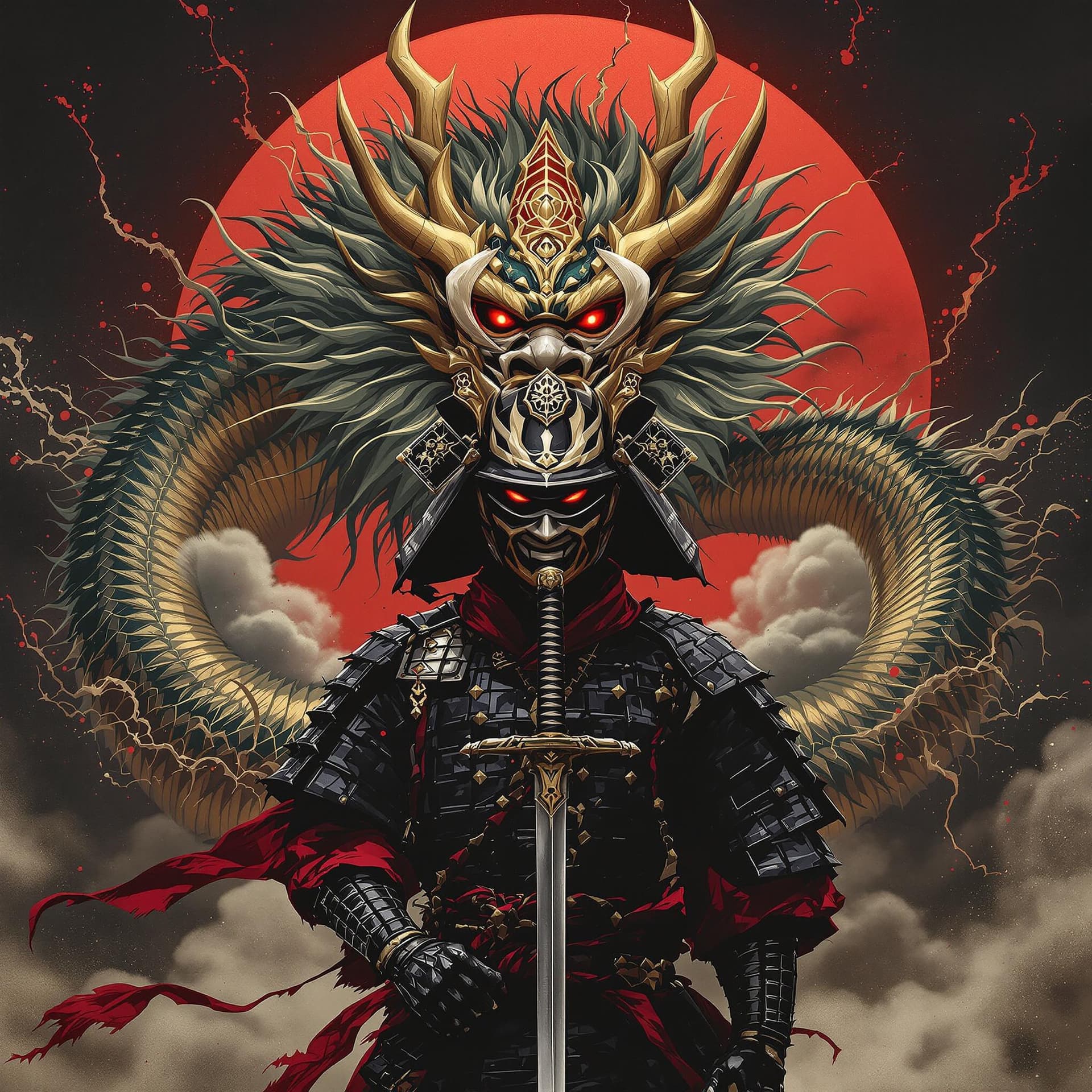 AI generated: japanese samurai in front of a japanese dragon,  ritualistic masks, Katana, realistic