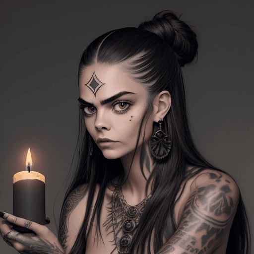 AI generated: en un circulo hecho de fuego y rodeado de velas negras y craneos esta cara(modelo)delevigne con un l...