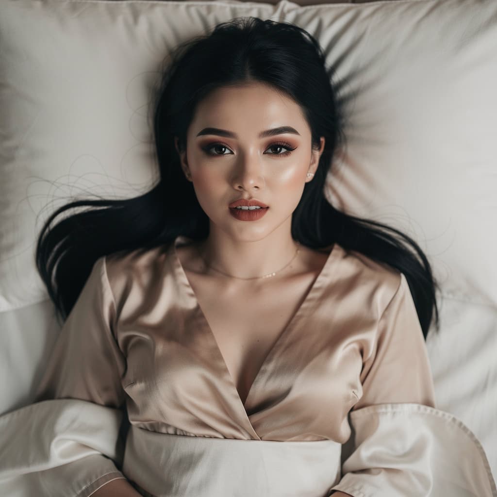 AI generated: 0 masterpiece highest quality photograph realistic girl on bed mouth_open_moaning seen from high_ ab...