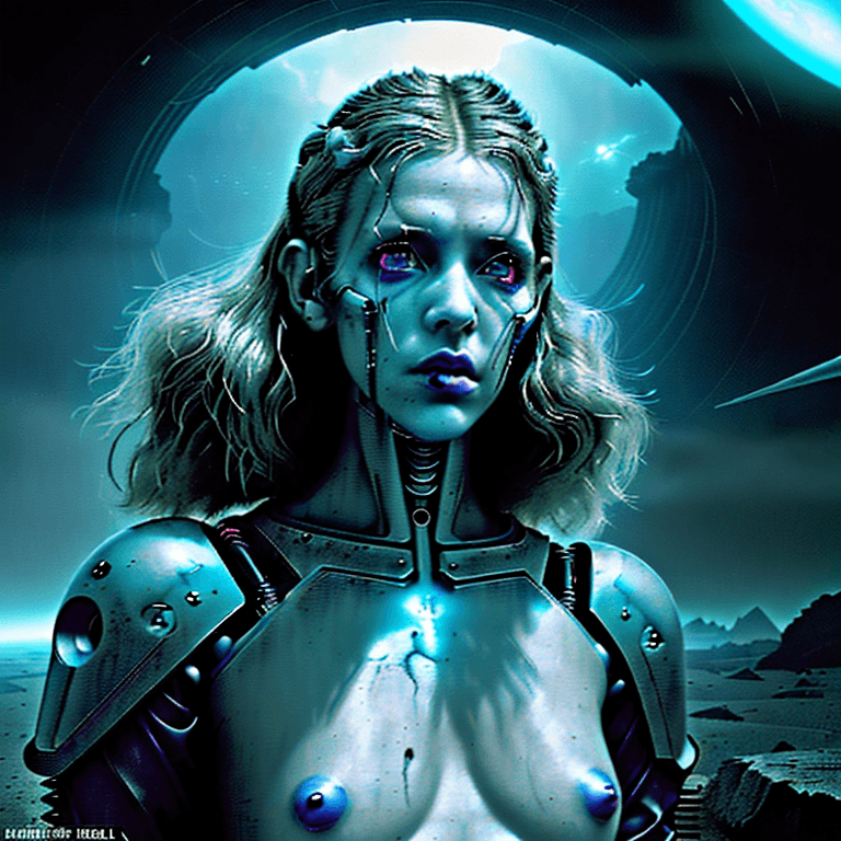 AI generated: a perfect Beautiful rugged female post apocalyptic retrowave synthwave cyborg, space age, creepy eer...