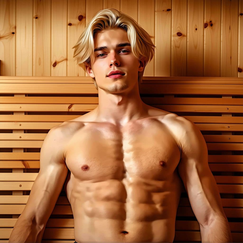 AI generated: Blonde, 20, large chest, sauna