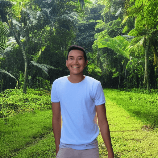 AI generated: a picture of a happy young man, against the background of Indonesian nature. warm weather, fresh air...