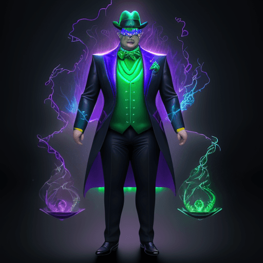 AI generated: full body portrait , 1man fat with magic lightning and fire and ice and water and wind, the riddler,...