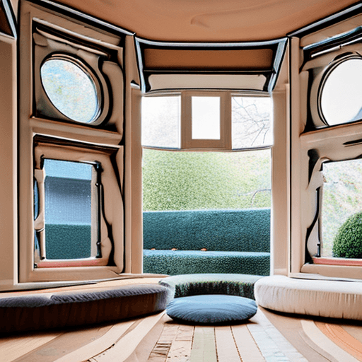 AI generated: High resolution photography interior design, dreamy sunken living room conversation pit, wooden floo...