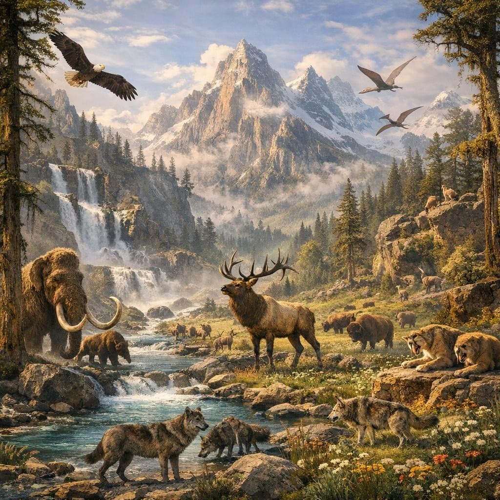 AI generated: Create a unique environment/Biome of a Animals → The Primal Range (untouched wilderness full of wild...