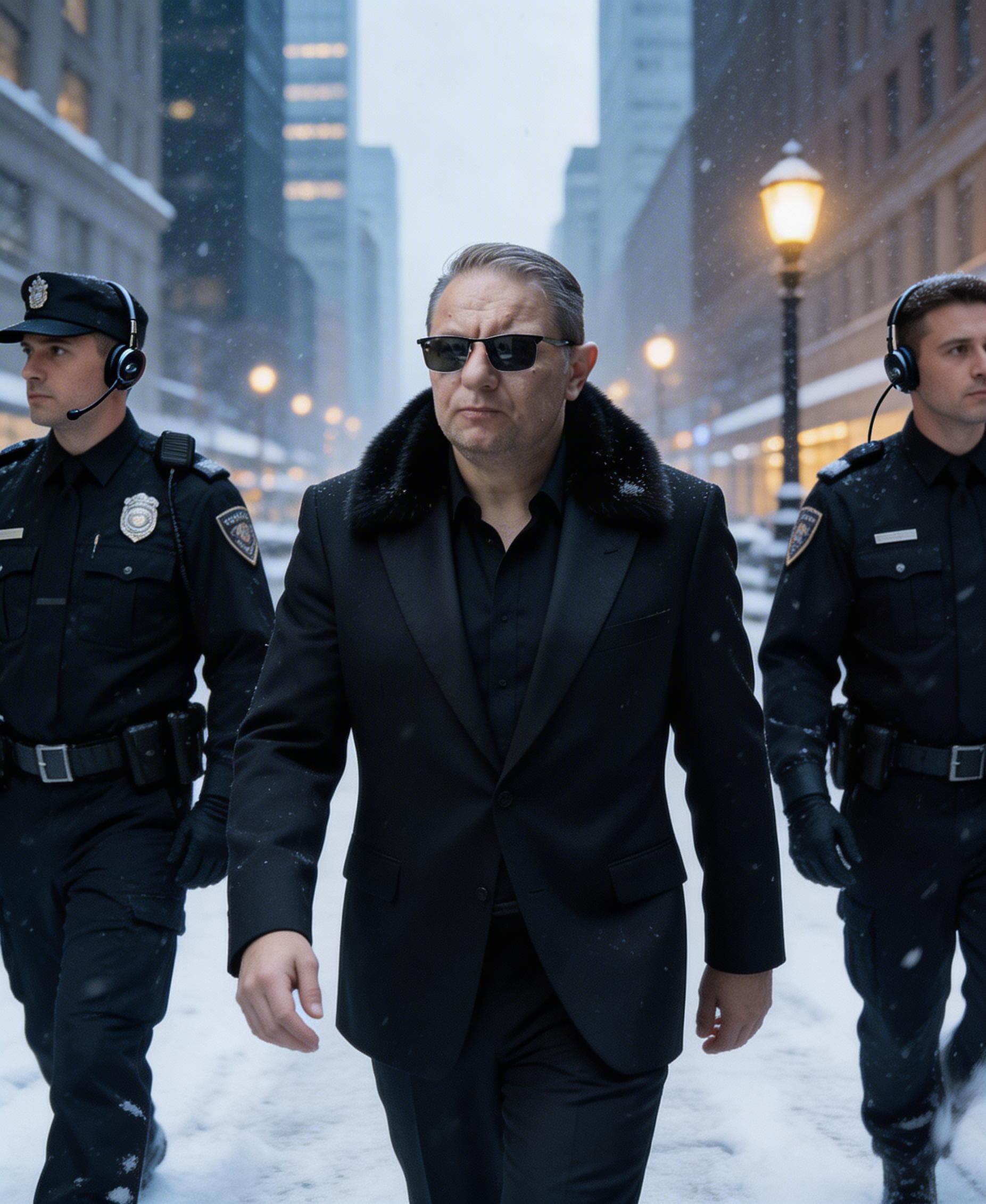 AI generated: A powerful businessman, draped in a luxurious fur-trimmed suit, strides confidently down a snow-cove...