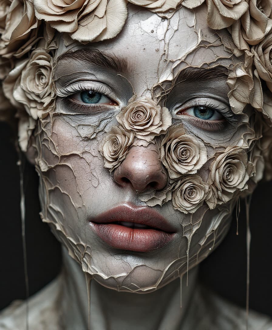 AI generated: a woman with roses on her nose, in the style of made of liquid metal, layered fabrications, nicola s...