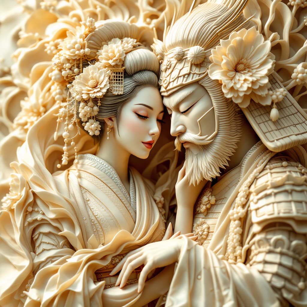 AI generated: A stunning ivory sculpture depicting a geisha and a samurai in dynamic poses, a harmonious blend of ...