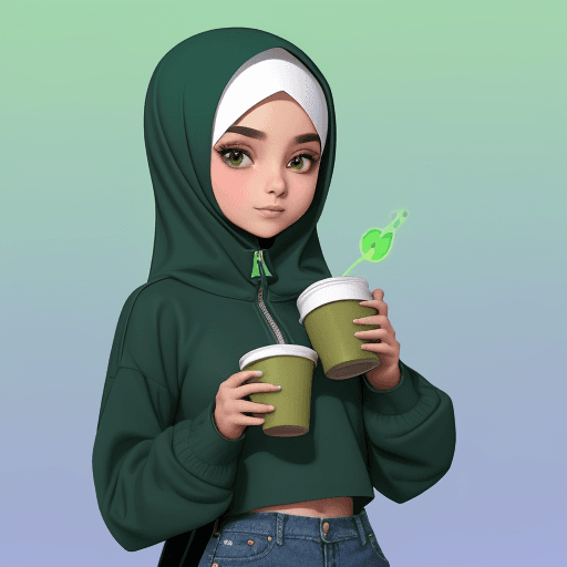 AI generated: A girl with Arab features wearing a green pullover with a short zipper in the front, long sleeves, a...