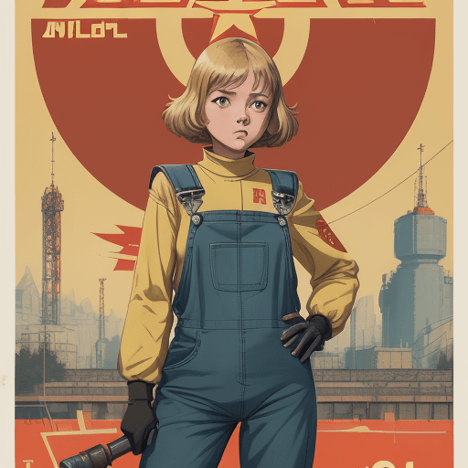 AI generated: young girl in a sci-fi suit (tight overalls), style Soviet poster, USSR poster, hammer and sickle in...