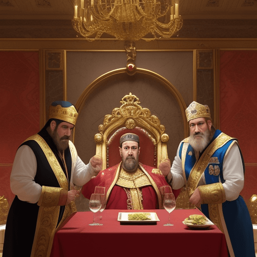 AI generated: tres reyes, dos reyes reciben una reina en un banquete en el reino, atendidos por sus criados
