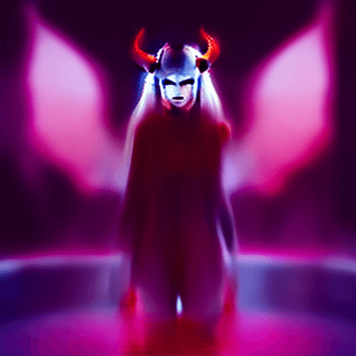 AI generated: a bare female demon with long white hair and horns, standing in a pool of red crimson liquid. The de...