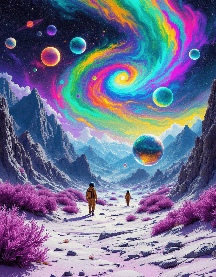 AI generated: A surreal, ultra-vibrant alien landscape under a psychedelic sky filled with rainbow-colored nebula ...
