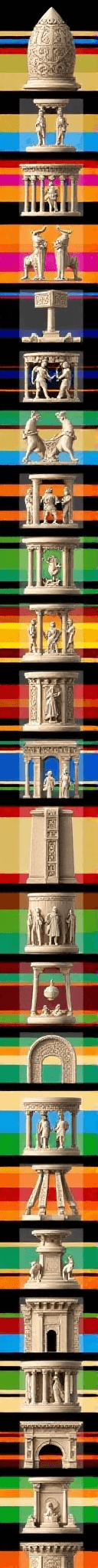 AI generated: A stone pillar carved with vertical friezes: stacked mythological scenes in miniatureâgods, beasts...