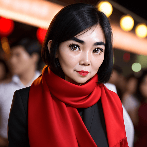 AI generated: a flash photography portrait of Thai office lady with red french scarf, big eyes, beautiful eyebrows...
