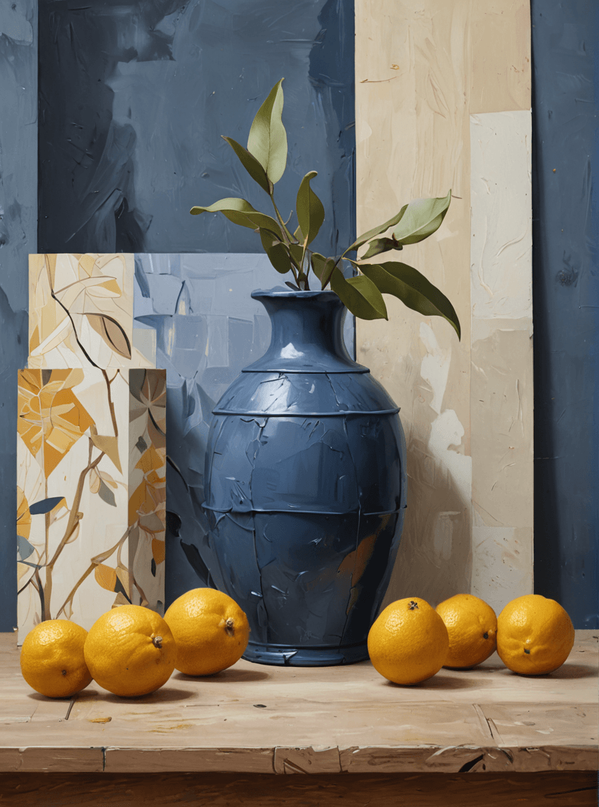 AI generated: a covered oil painting featuring the provence, blending the styles of Guy Billout and Georges Braque...