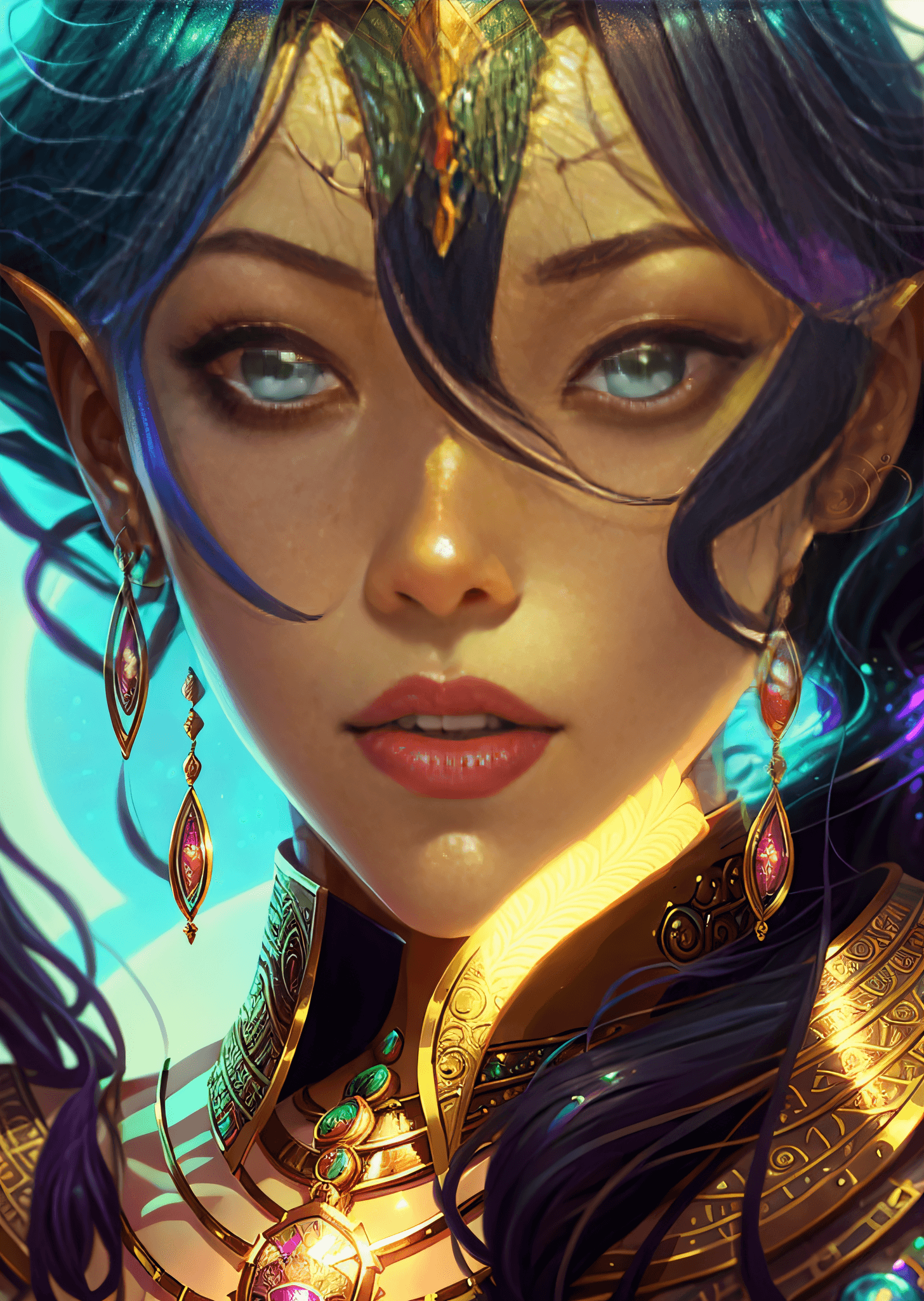 AI generated: a close up of a woman with a necklace and earrings, rossdraws | afrofuturism, closeup character port...