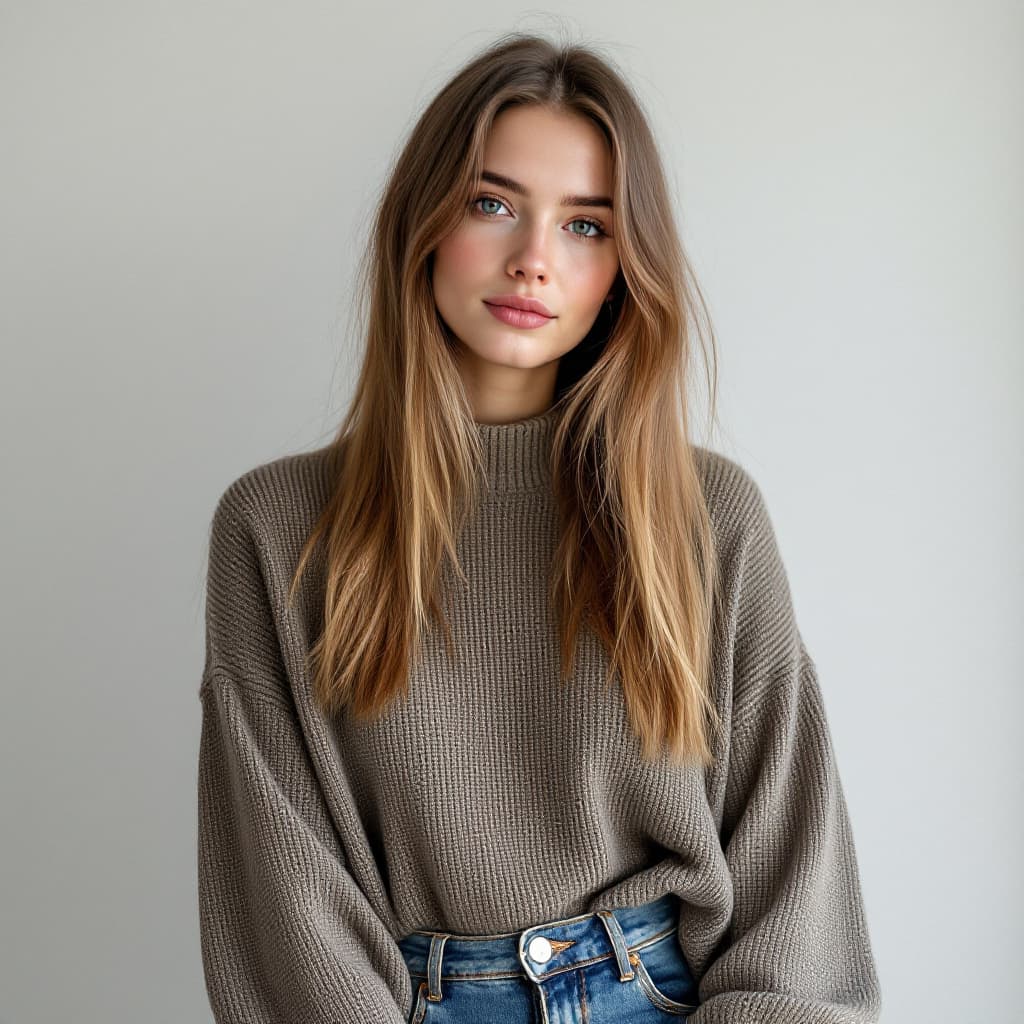 AI generated: A 29-year-old German woman with porcelain skin and long light brown straight hair, wearing a knit to...
