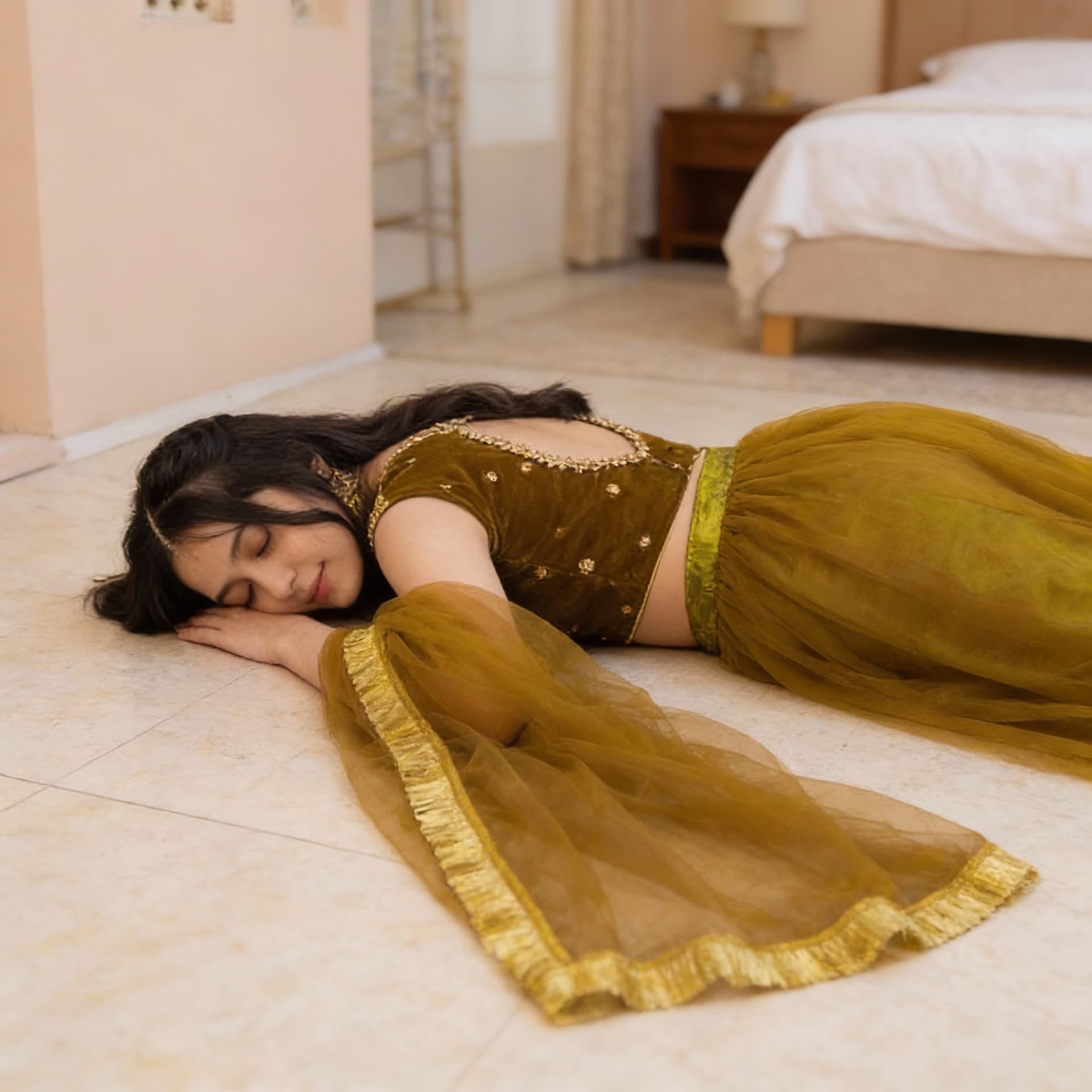 AI generated: This girl is sleeping lying face down on bedroom and showing her backless body blouse in this simila...