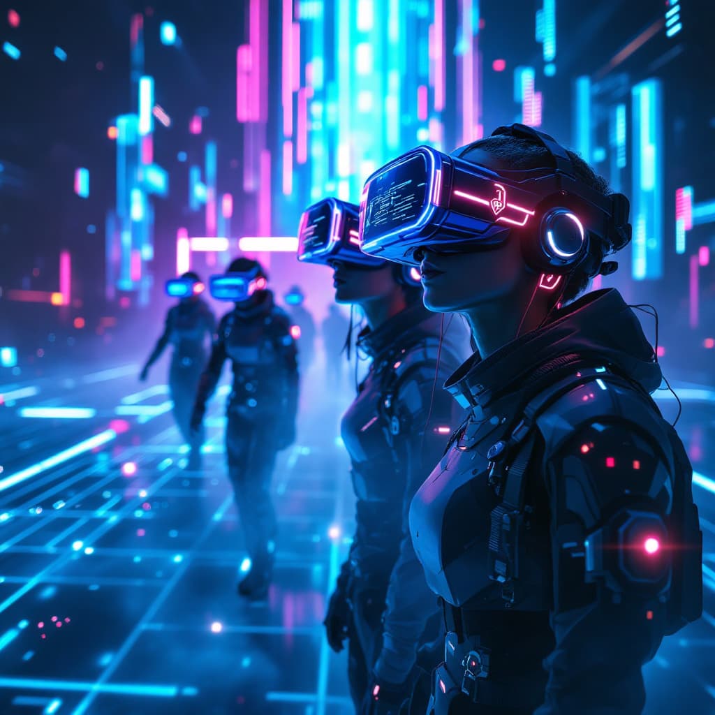 AI generated: A futuristic team of explorers, wearing sleek, high-tech VR headsets and cybernetic suits, navigatin...