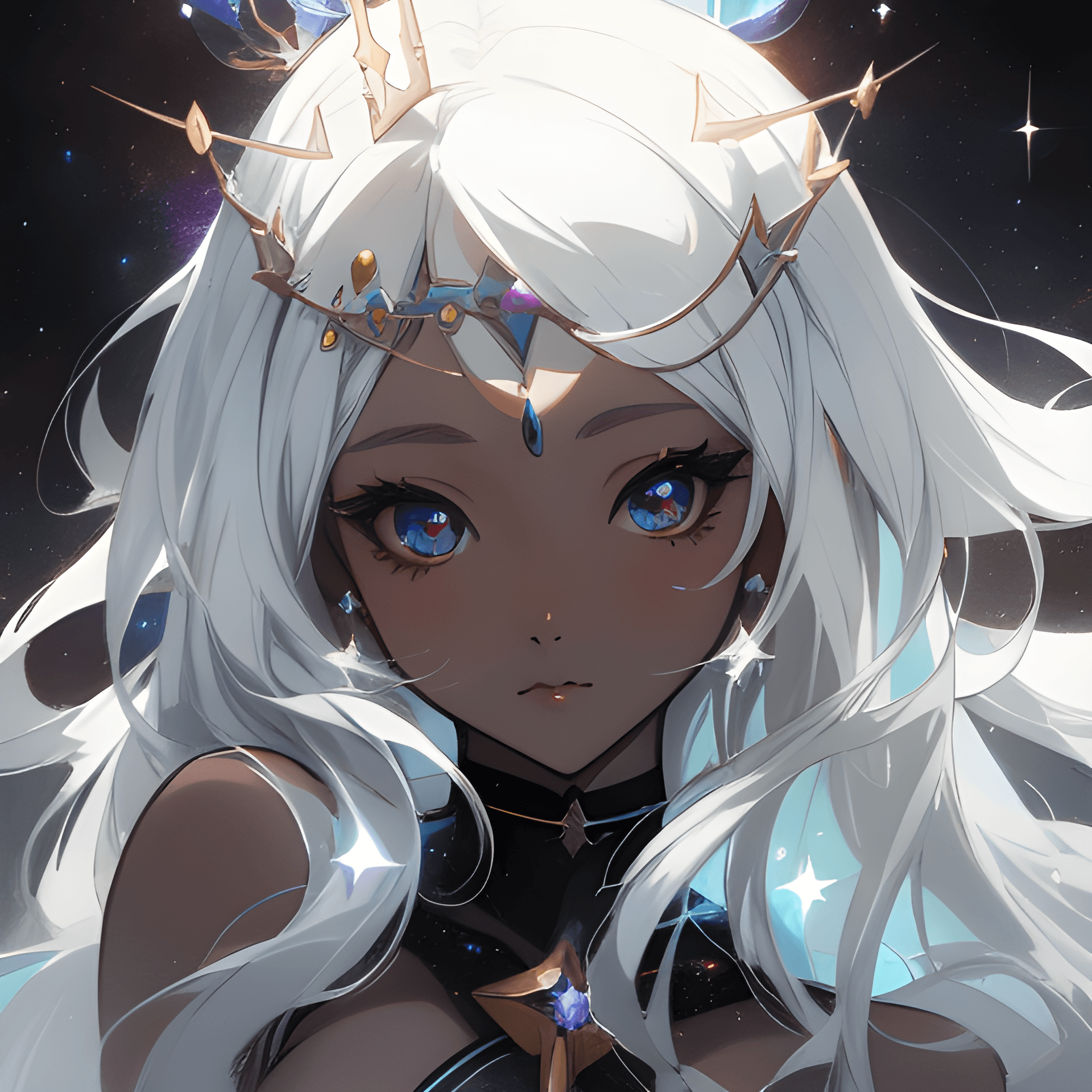 AI generated: a woman with white hair and a crown on her head, an anime drawing, by Ross Tran, panel of black, god...