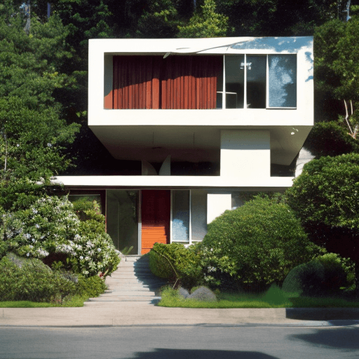 AI generated: hyper realistic eye level exterior photo of a mid century modern style house overlooking the ocean, ...