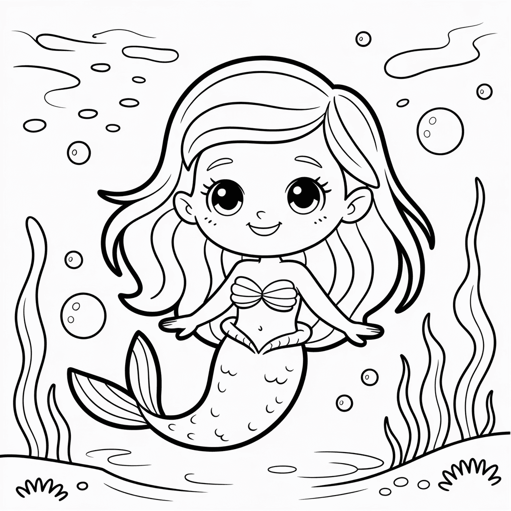 AI generated: mermaid coloring page , a chibi mermaid girl, with smiling eyes , sweet smile , long hair, playing i...